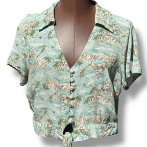 Disney Mermaids & Peter Pan Seafoam Tropical Island Tie-Front Crop Top Sz M